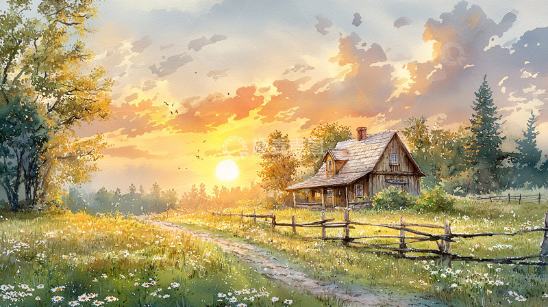 高清大图下载【趣麦麦图】乡间小屋的日落美景