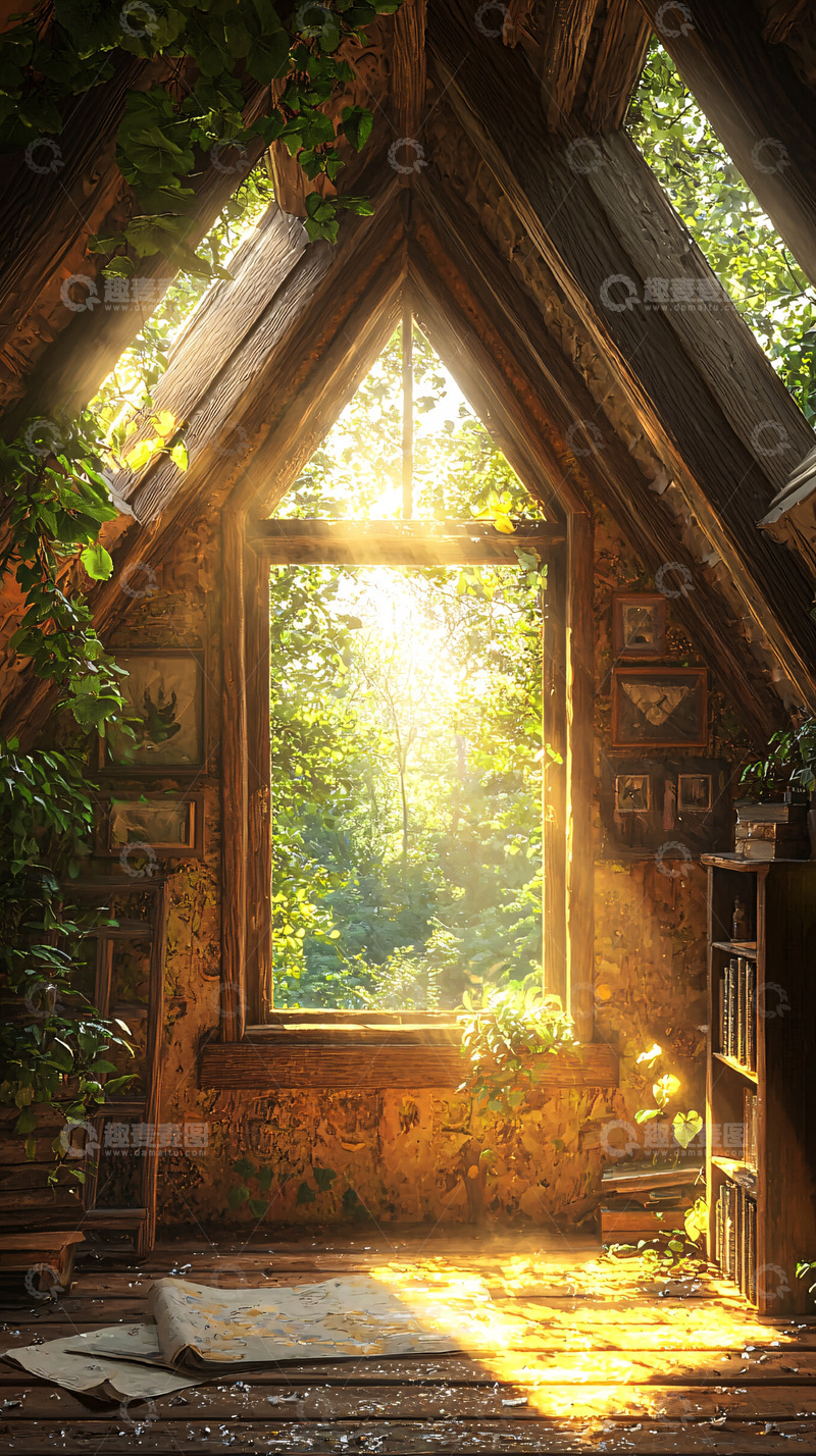 高清大图下载【趣麦麦图】阳光透过阁楼窗户