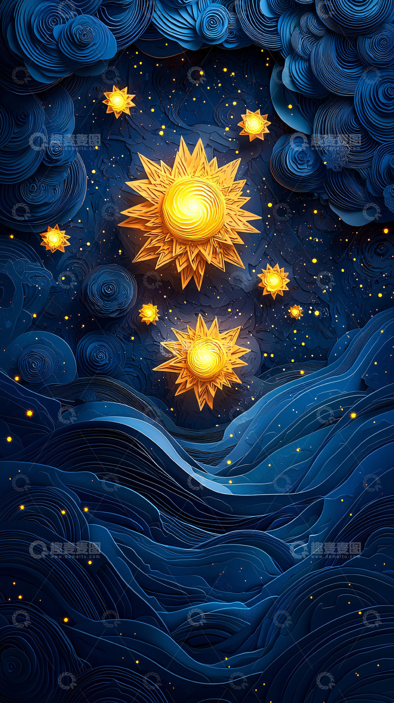 高清大图下载【趣麦麦图】蓝色星空纸艺太阳