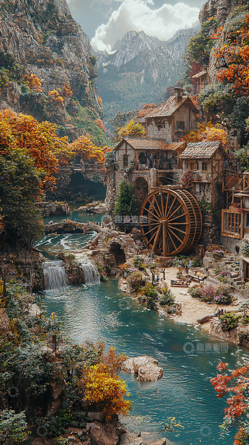 高清大图下载【趣麦麦图】秋日山谷水车村庄