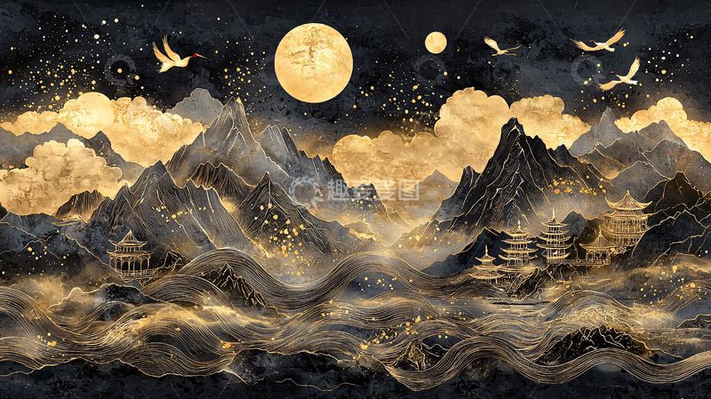 高清大图下载【趣麦麦图】金色山水月亮仙鹤背景图