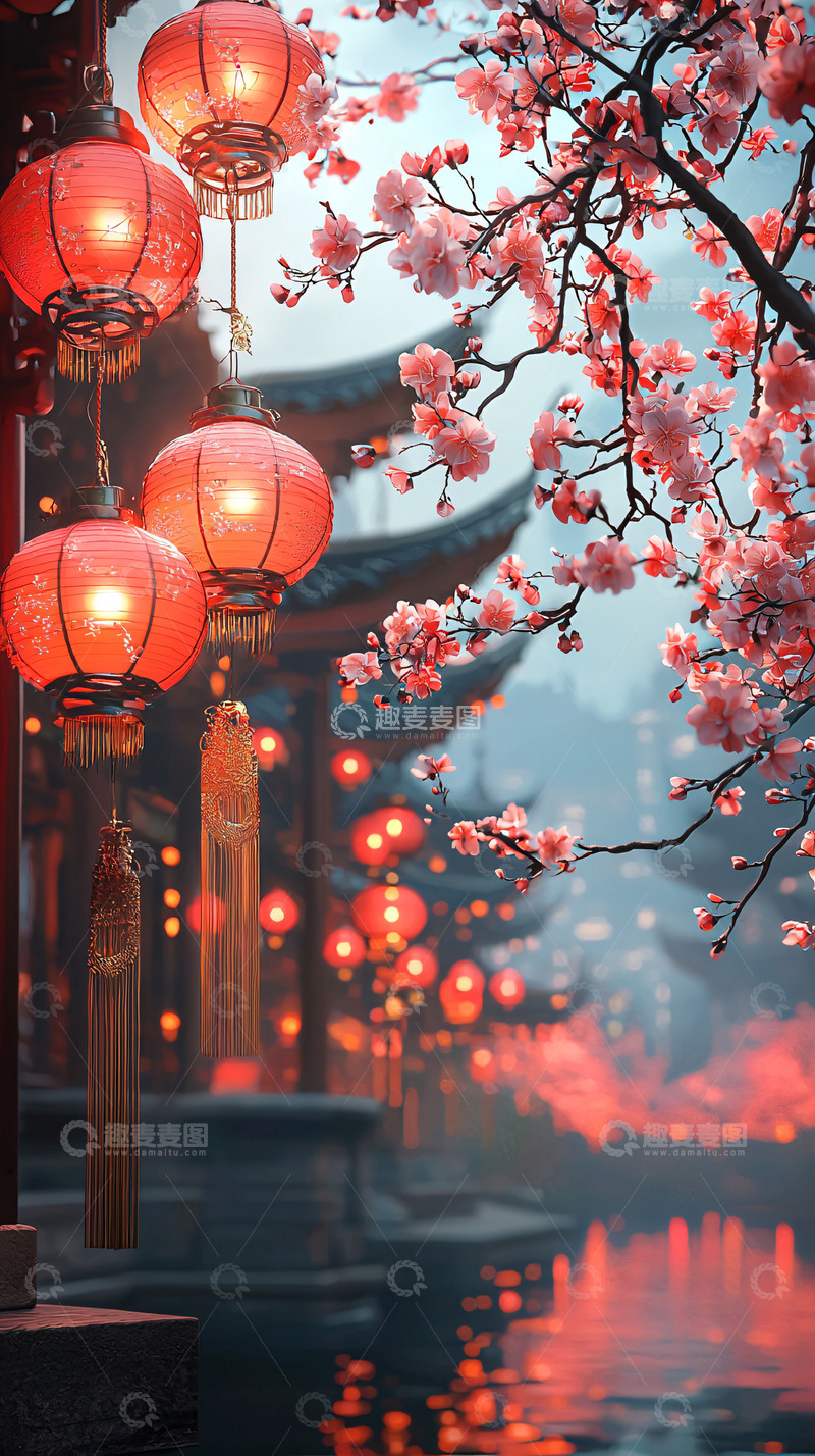 高清大图下载【趣麦麦图】红灯笼樱花古镇夜景