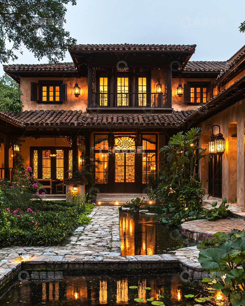 高清大图下载【趣麦麦图】中式别墅夜景