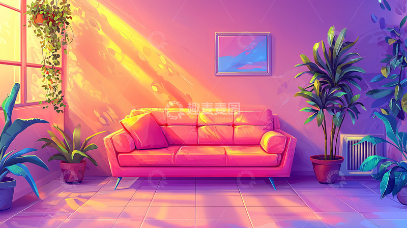 高清大图下载【趣麦麦图】阳光洒进房间的粉色沙发