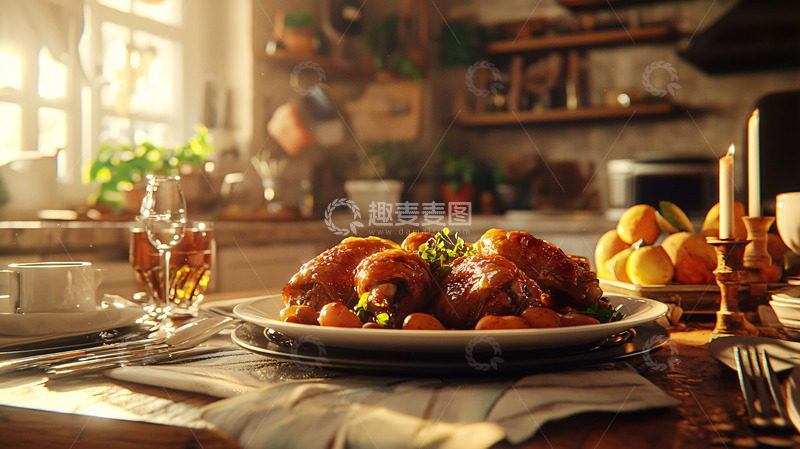 高清大图下载【趣麦麦图】温暖阳光下的烤鸡晚餐