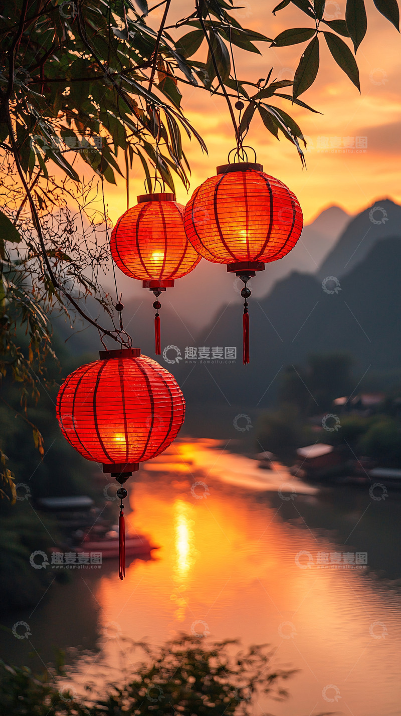 高清大图下载【趣麦麦图】落日余晖下的红灯笼