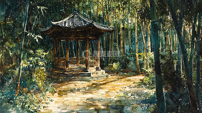 高清大图下载【趣麦麦图】竹林中的亭台楼阁