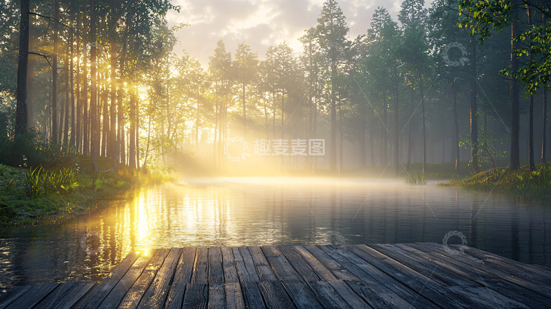高清大图下载【趣麦麦图】清晨森林湖泊木栈道