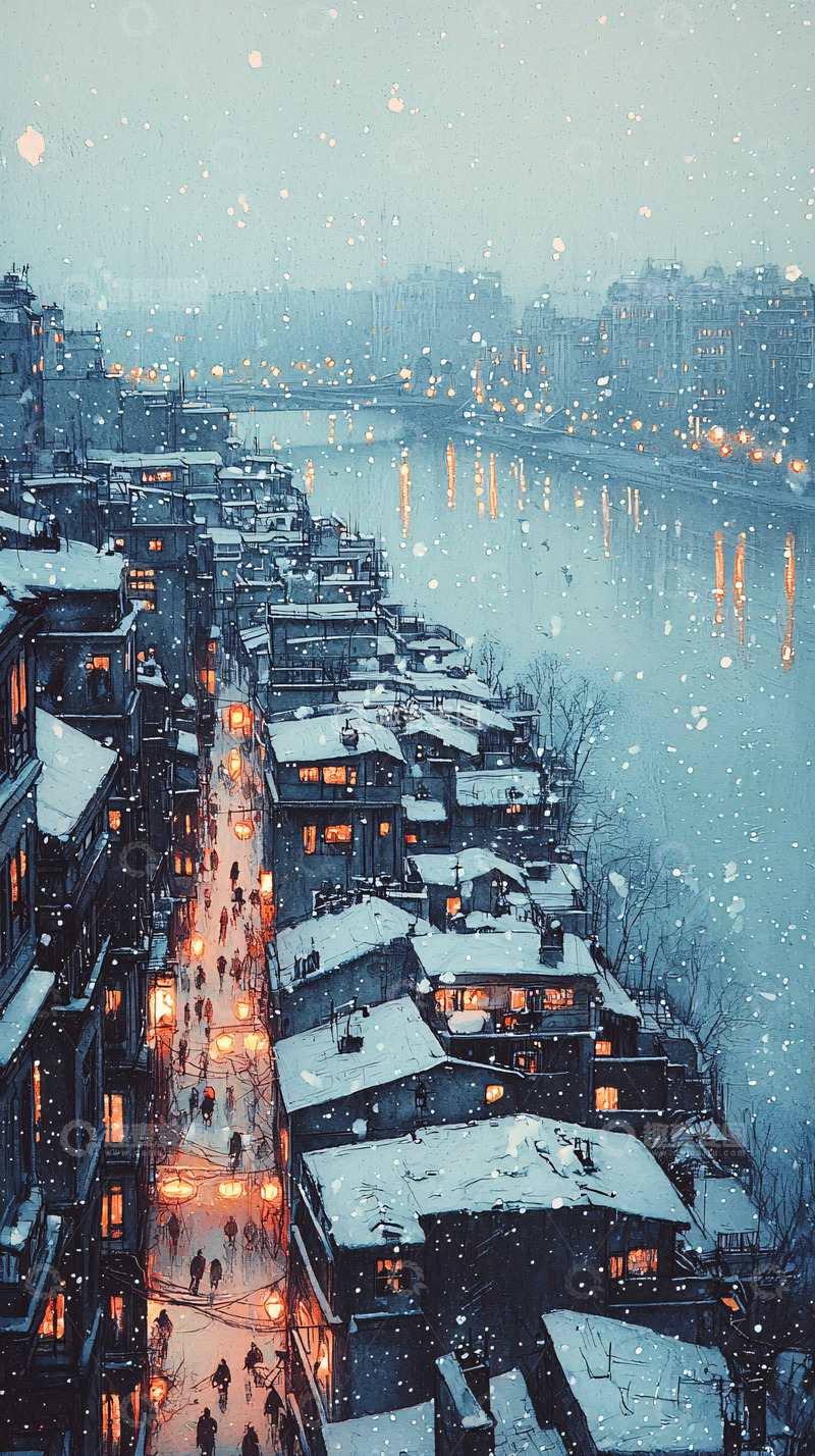 高清大图下载【趣麦麦图】雪夜古镇