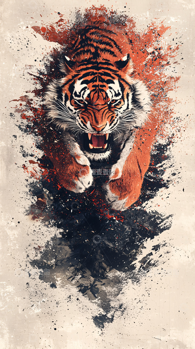 高清大图下载【趣麦麦图】-奔腾怒吼的抽象老虎