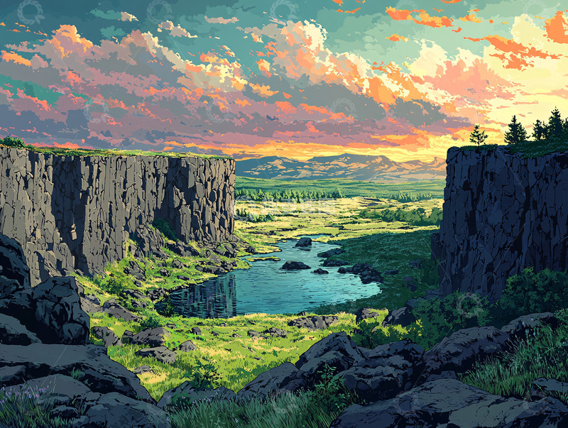 高清大图下载【趣麦麦图】峡谷湖泊日落景色