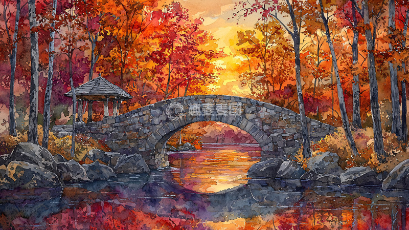 高清大图下载【趣麦麦图】秋日石桥流水风景画