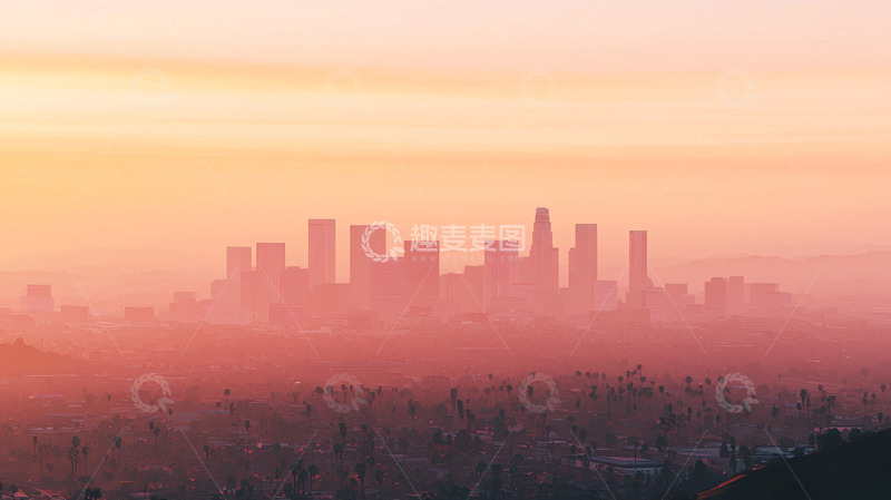 高清大图下载【趣麦麦图】日落下的朦胧城市轮廓