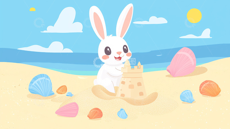 高清大图下载【趣麦麦图】沙滩玩耍的小白兔