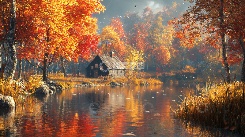 高清大图下载【趣麦麦图】秋日小屋河边景色