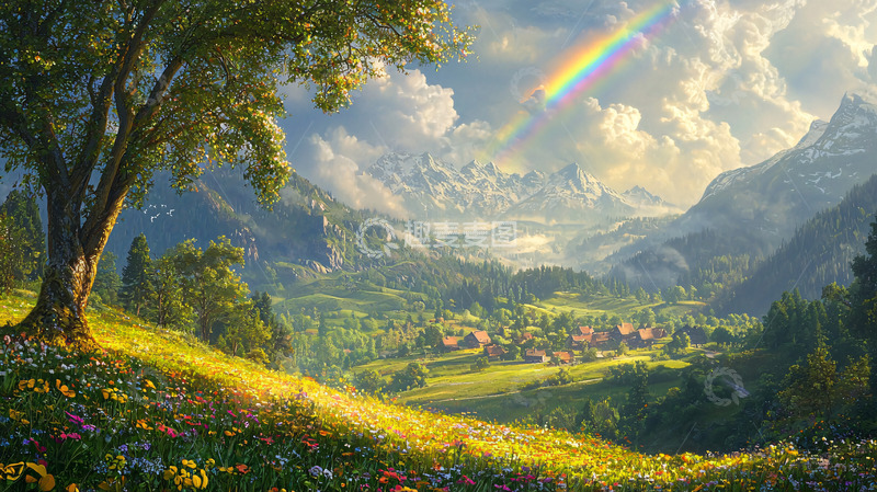 高清大图下载【趣麦麦图】彩虹山谷田园风光