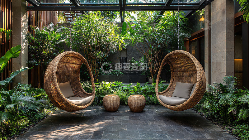 高清大图下载【趣麦麦图】庭院吊椅绿植环绕的休憩区