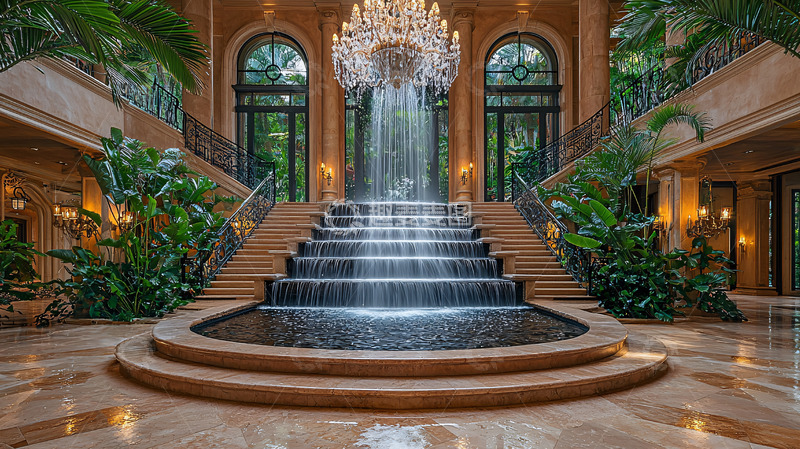 高清大图下载【趣麦麦图】豪华别墅入口瀑布