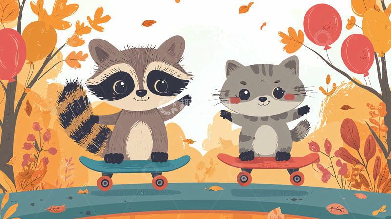 高清大图下载【趣麦麦图】秋日森林里浣熊和猫咪滑板