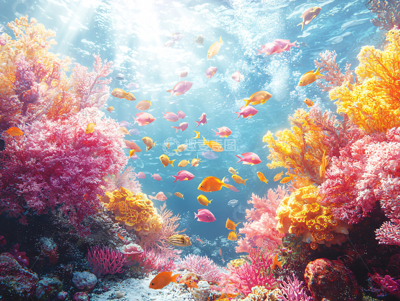 高清大图下载【趣麦麦图】阳光下的珊瑚礁鱼群