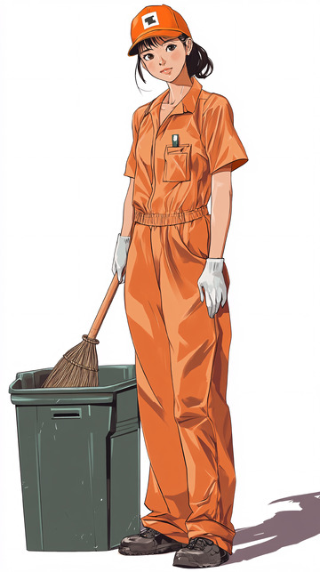 穿着橙色工作服的清洁女工
