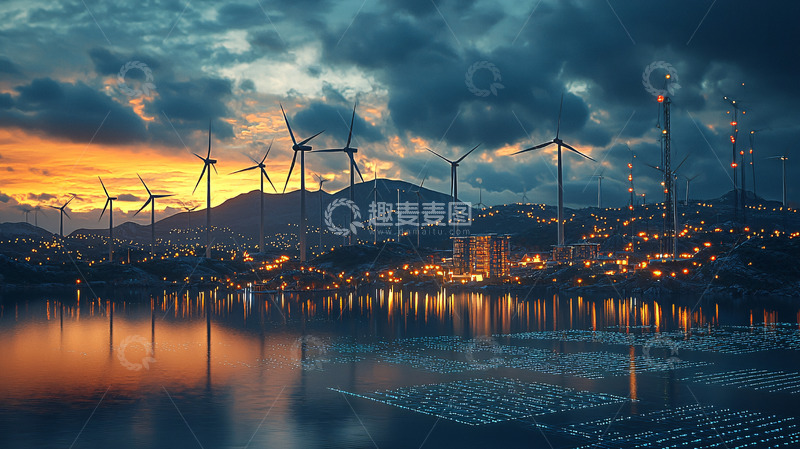 高清大图下载【趣麦麦图】落日余晖下的风力发电厂