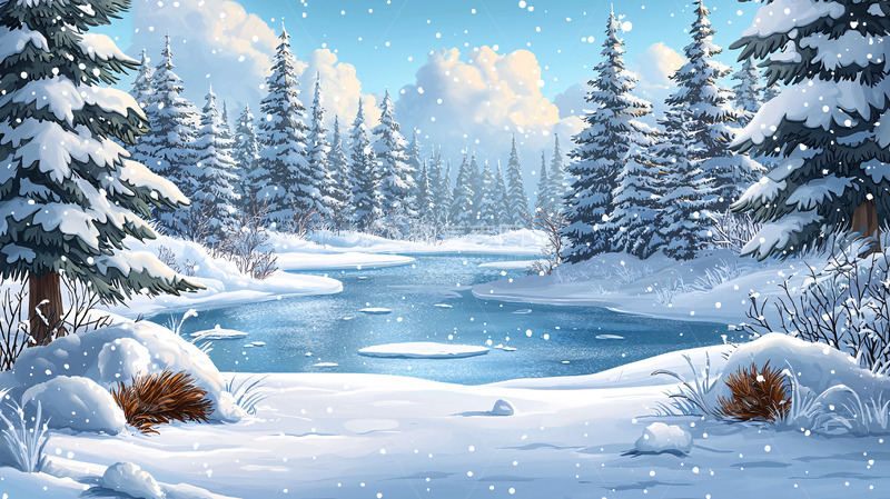 高清大图下载【趣麦麦图】冬季雪景森林河流