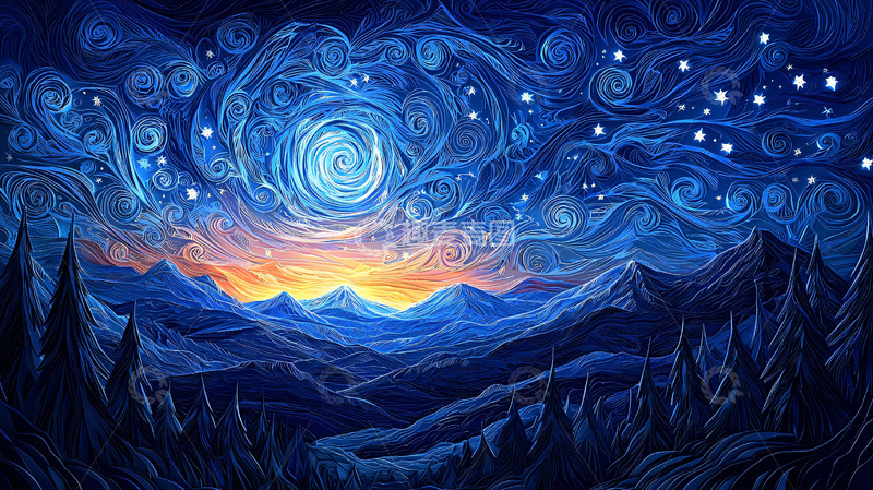高清大图下载【趣麦麦图】星空山脉水彩画
