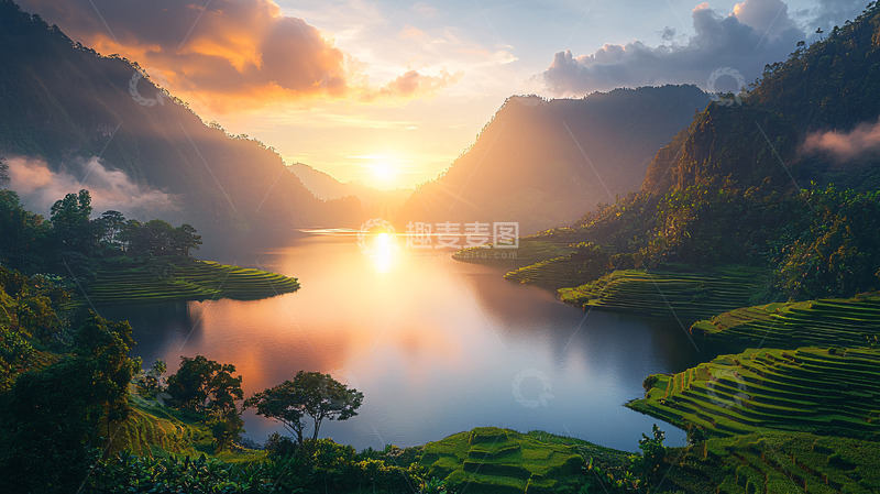 高清大图下载【趣麦麦图】山谷湖泊日落景色