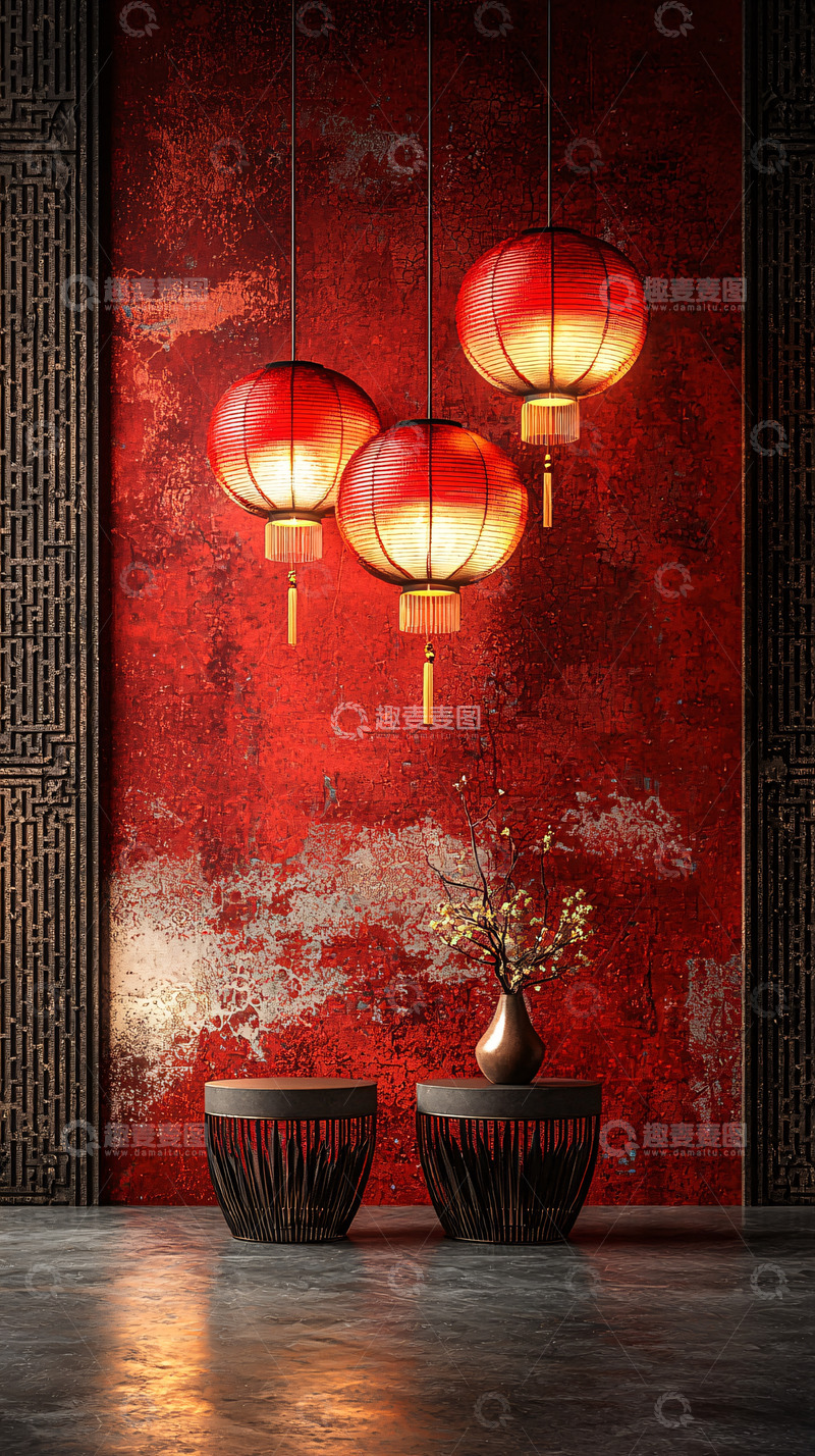 高清大图下载【趣麦麦图】红色背景下的灯笼和花瓶