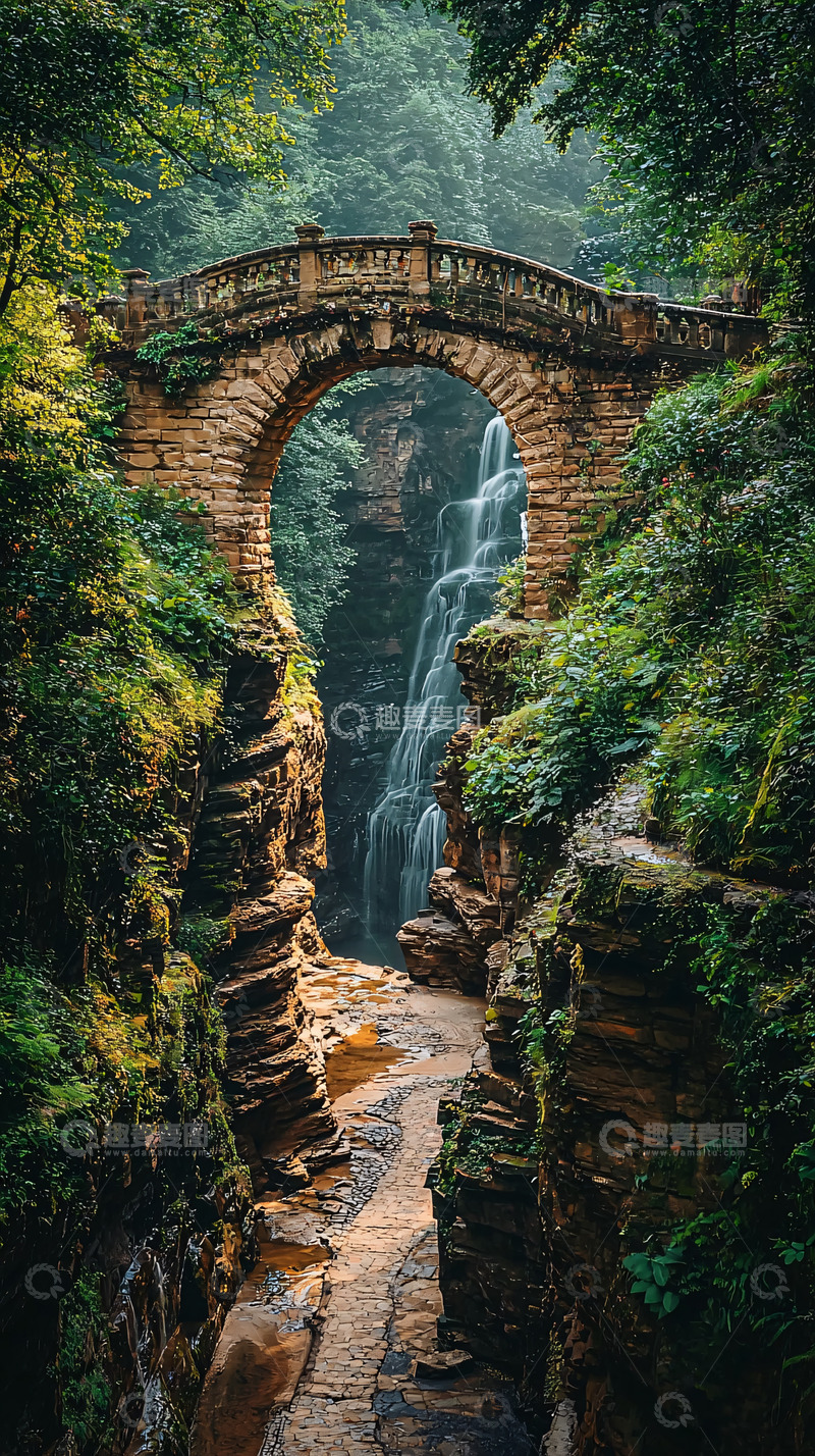 高清大图下载【趣麦麦图】石桥下的瀑布美景
