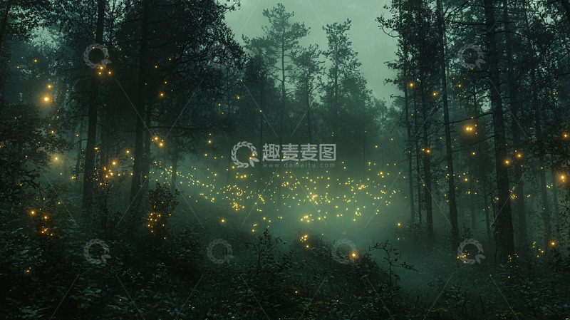 高清大图下载【趣麦麦图】雾气森林萤火虫