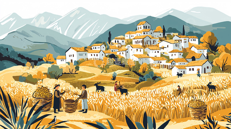 高清大图下载【趣麦麦图】山间田园小镇风景画