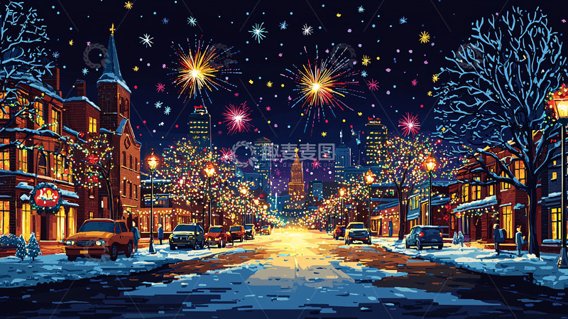 高清大图下载【趣麦麦图】冬夜雪景烟火小镇
