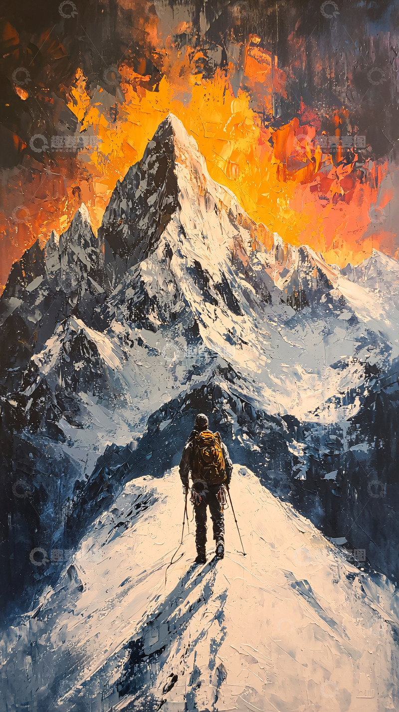 高清大图下载【趣麦麦图】雪山日落攀登者