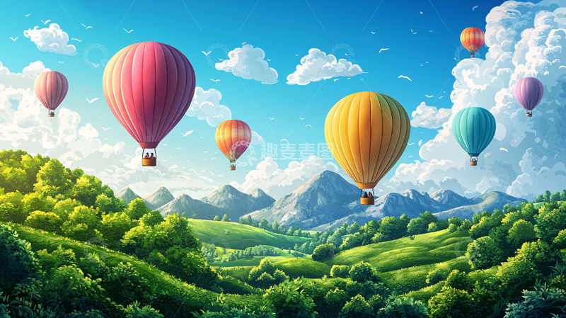高清大图下载【趣麦麦图】热气球在绿色田野上飞翔