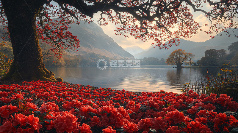 高清大图下载【趣麦麦图】红花绿树湖泊山景