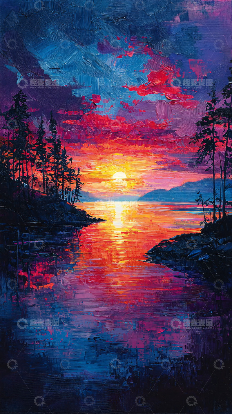 高清大图下载【趣麦麦图】绚丽湖面油画日落
