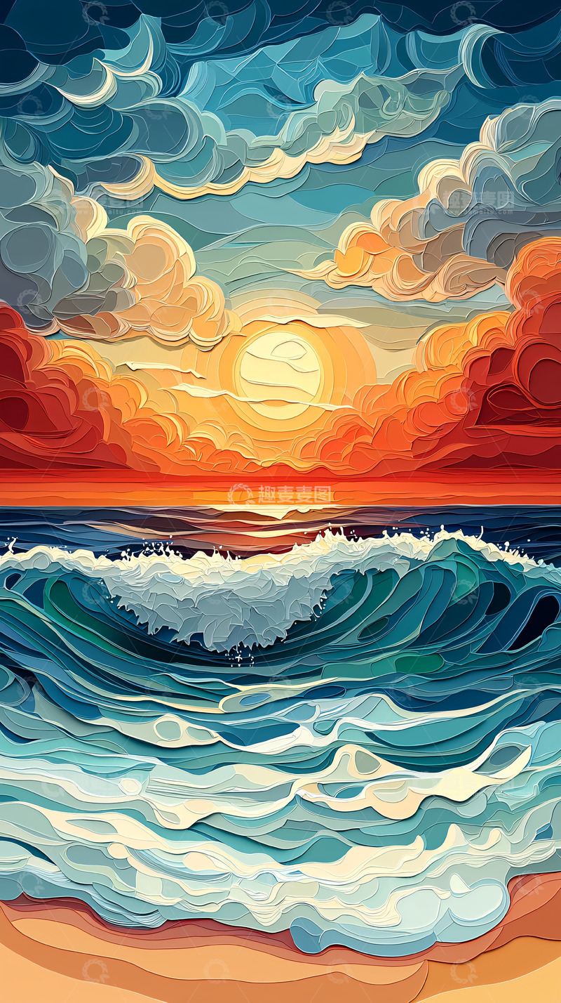 高清大图下载【趣麦麦图】海边日落的艺术画作