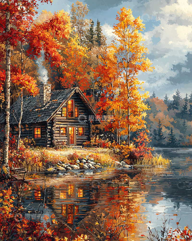 高清大图下载【趣麦麦图】秋日湖边木屋