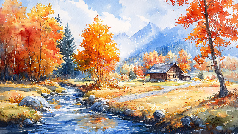 高清大图下载【趣麦麦图】秋日山林小屋溪流风景