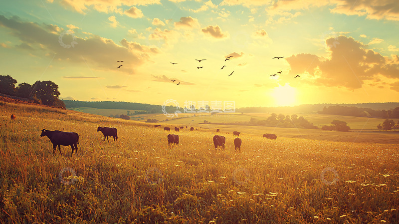 高清大图下载【趣麦麦图】夕阳下的金色田野牛群