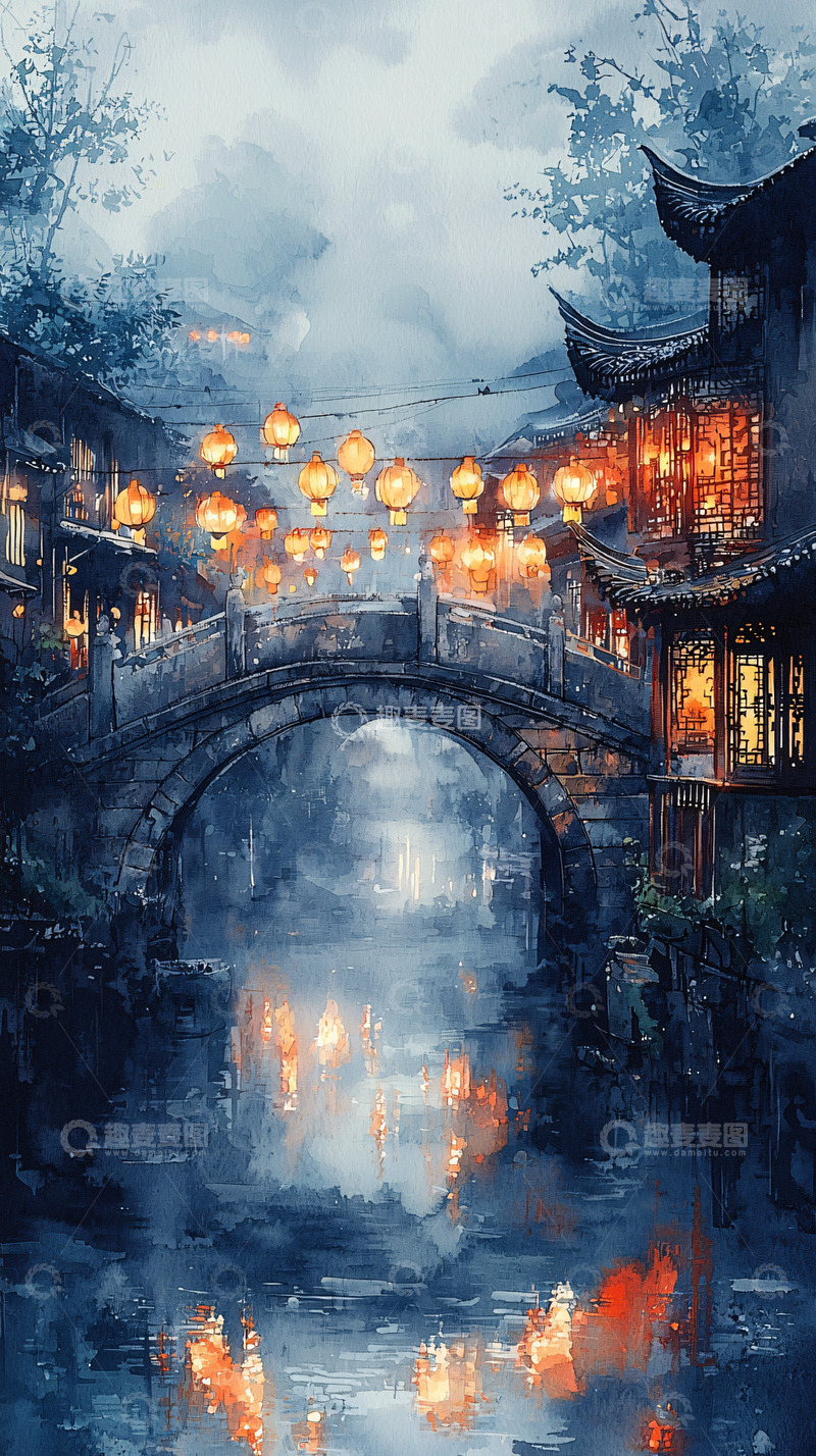 高清大图下载【趣麦麦图】水墨风小镇夜景灯笼桥