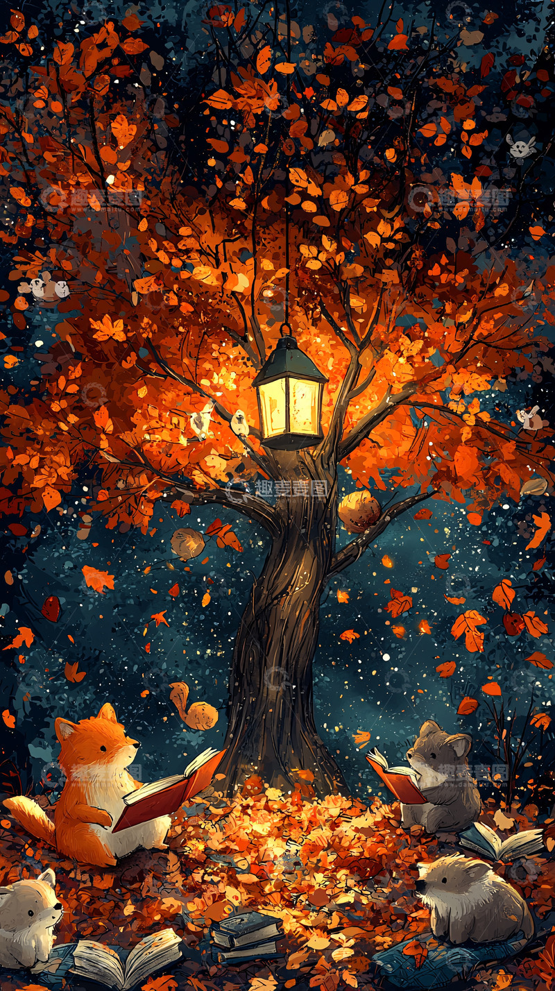 高清大图下载【趣麦麦图】秋日暖光下的动物读书场景