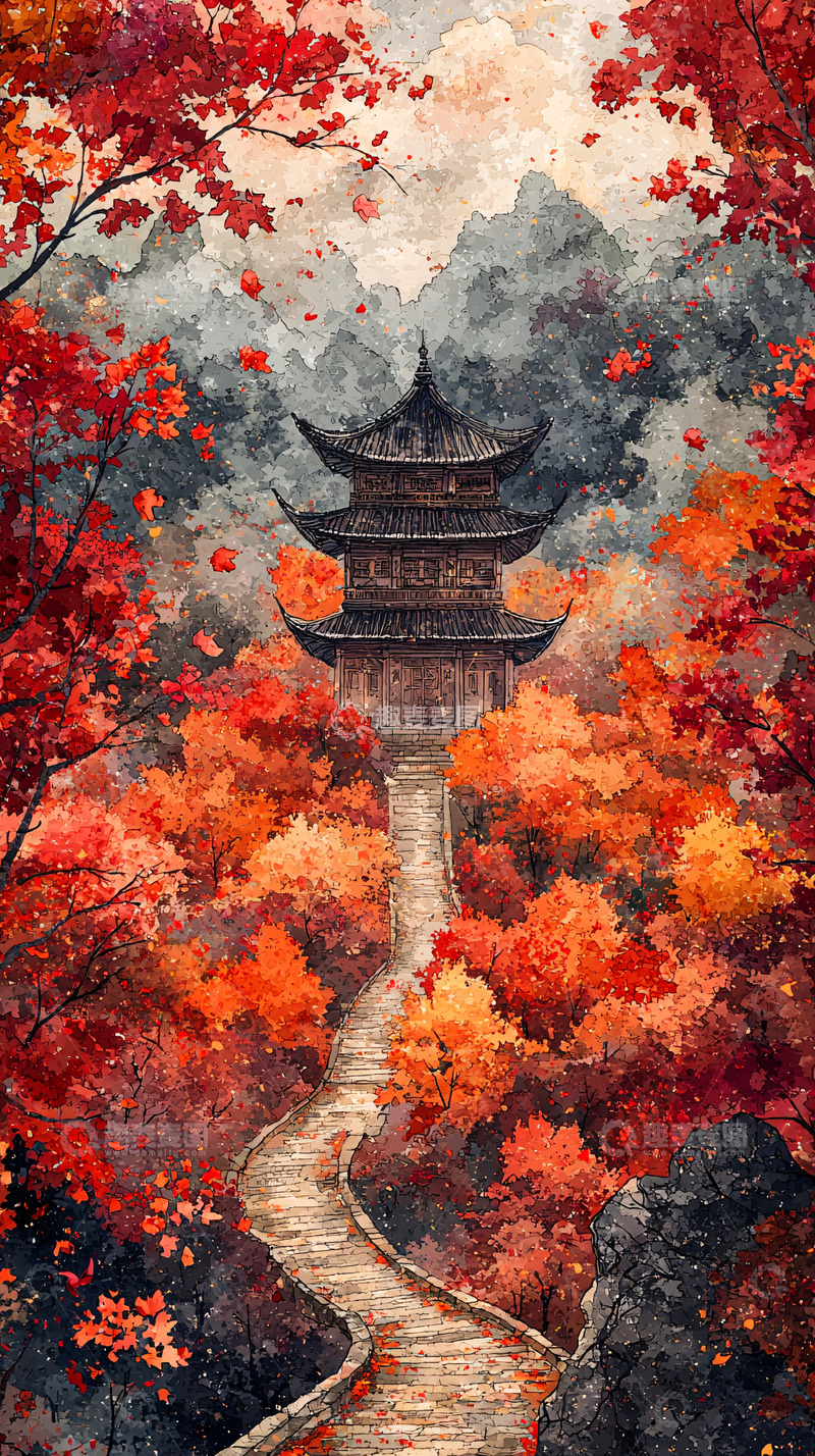 高清大图下载【趣麦麦图】秋枫红叶山间古寺