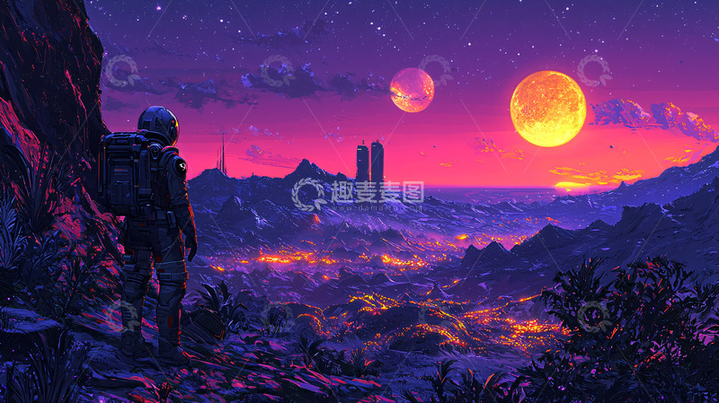 高清大图下载【趣麦麦图】宇航员眺望未来城市