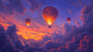 夕阳下热气球飞翔