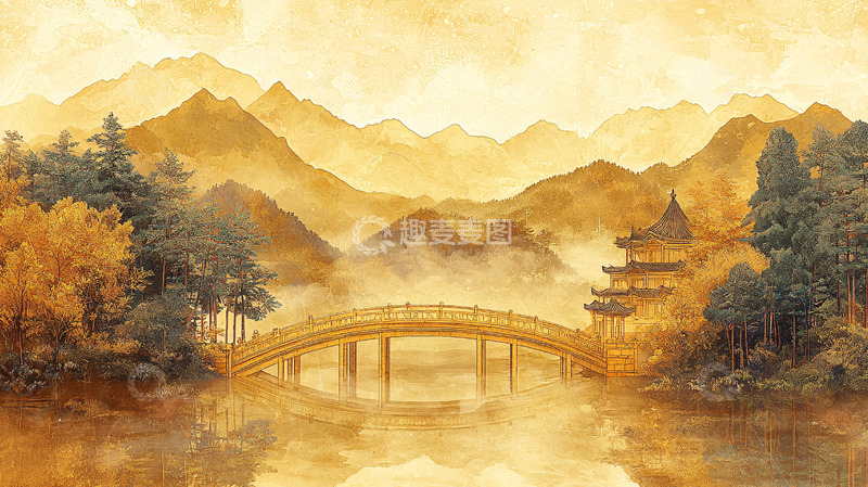 高清大图下载【趣麦麦图】水墨山水桥梁寺庙