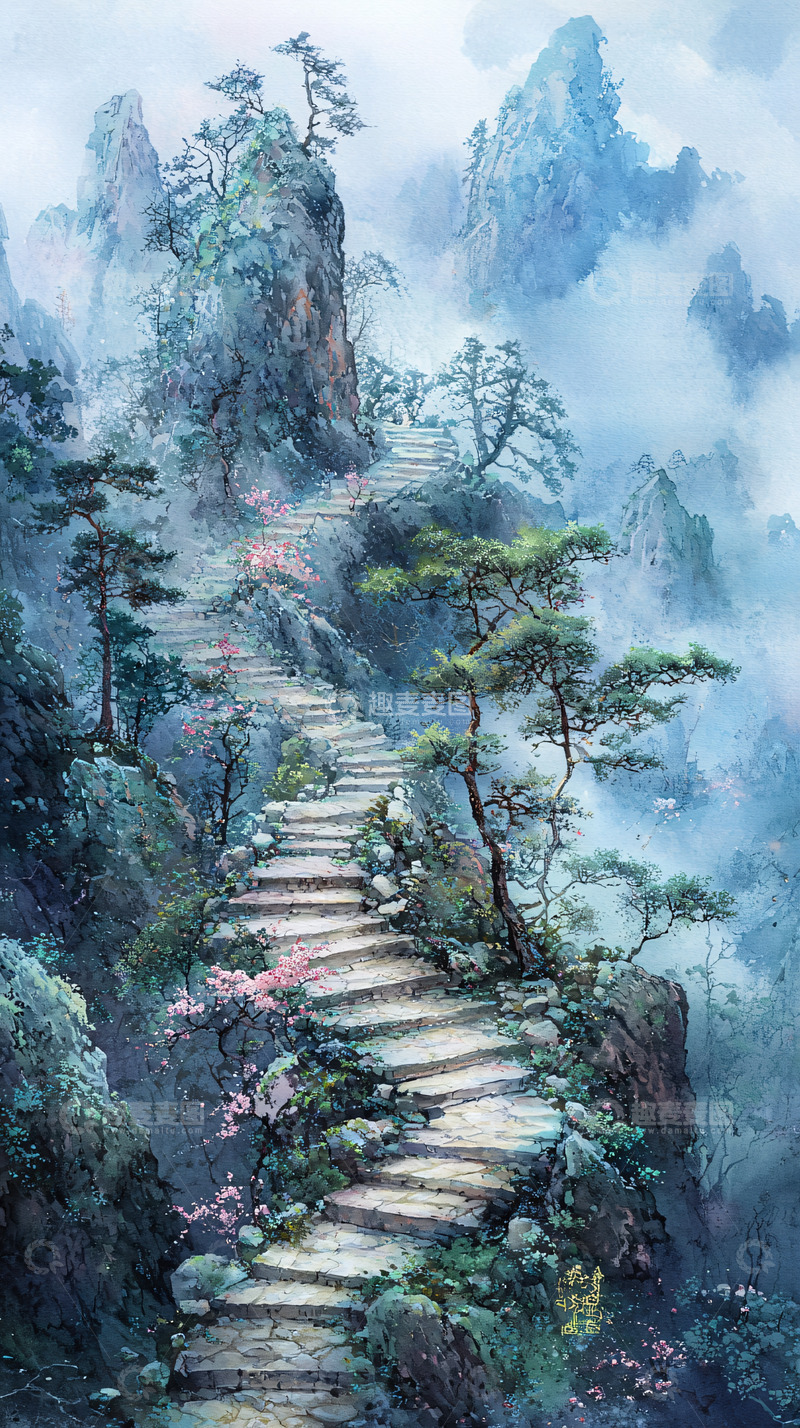 高清大图下载【趣麦麦图】仙境般的天梯通往山峰