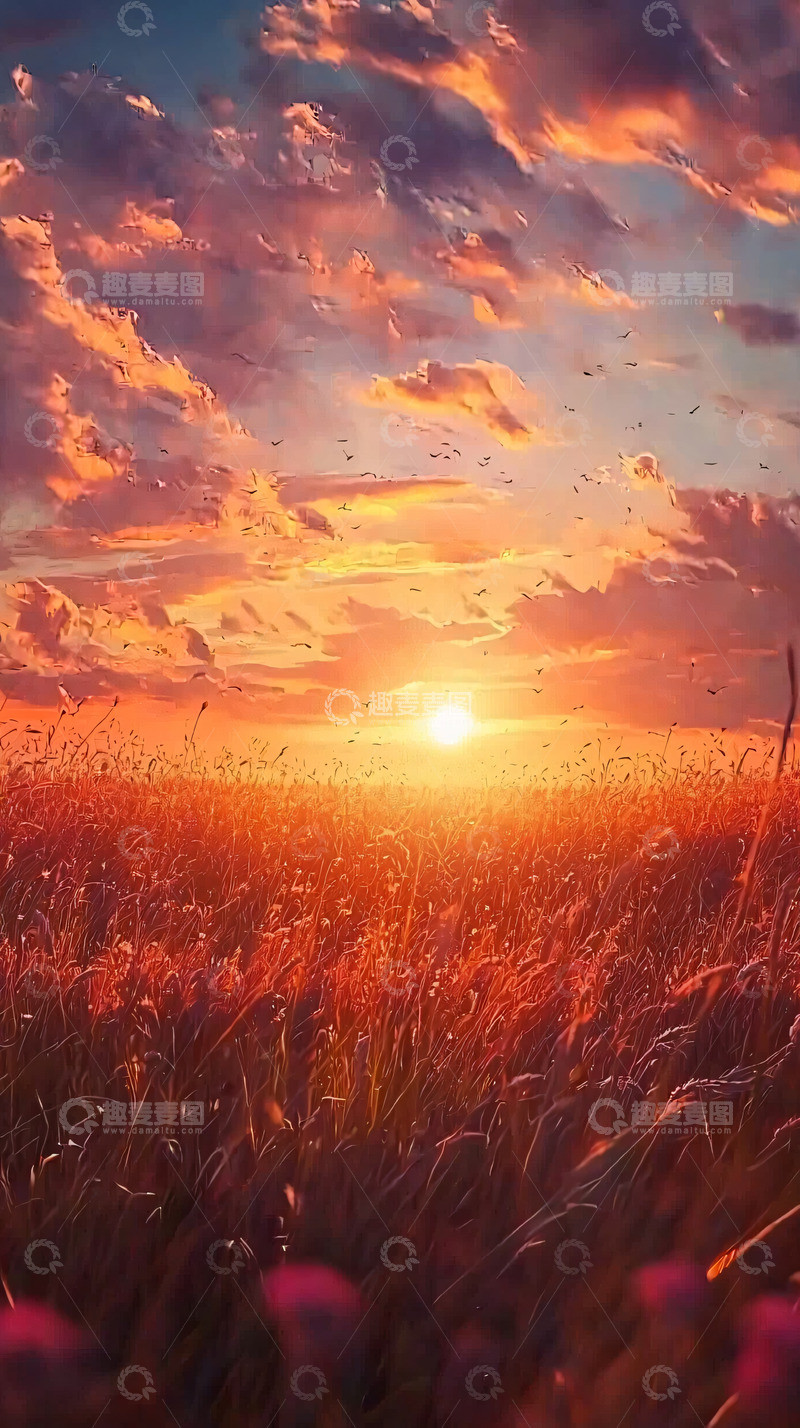 高清大图下载【趣麦麦图】日落麦田飞鸟剪影